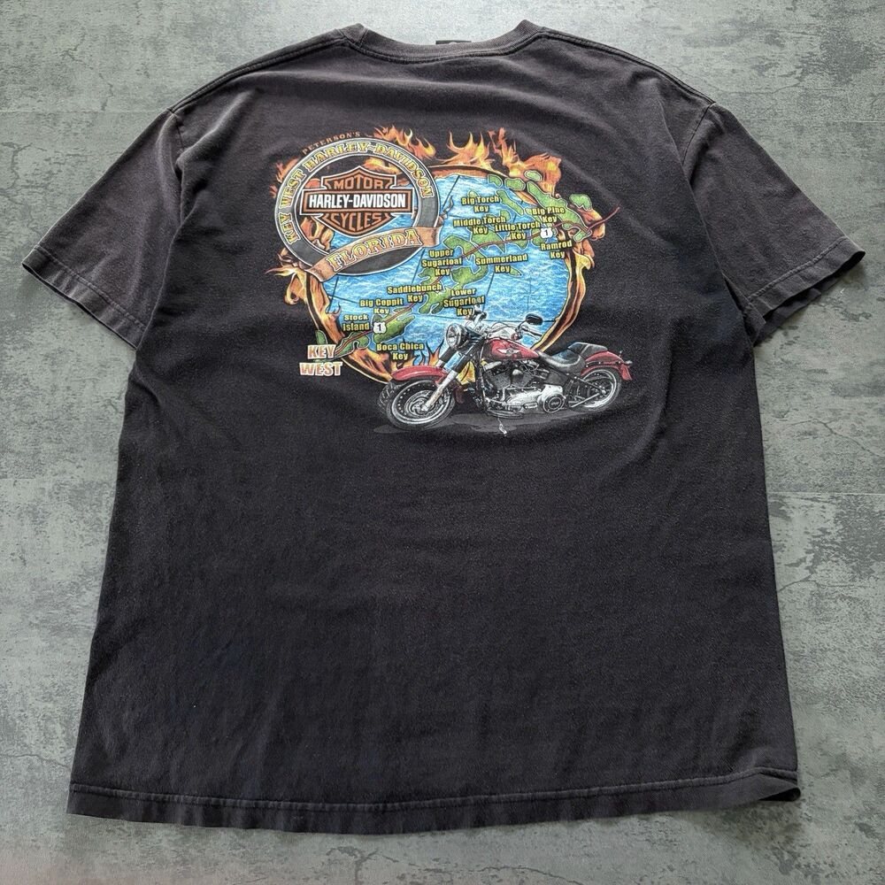 Y2K Harley-Davidson Key West Flame Circle Logo Graphic T-Shirt Grunge XL
